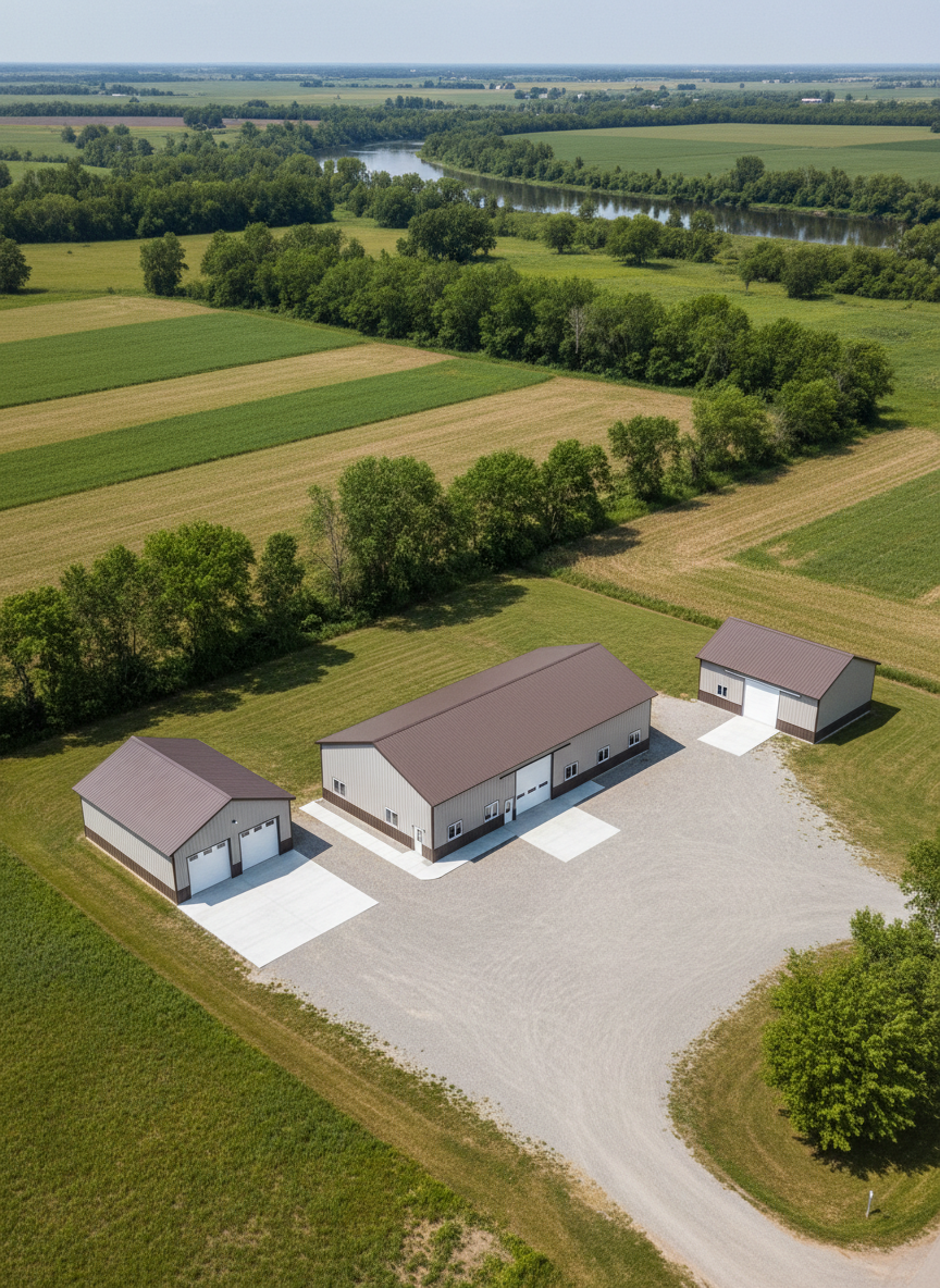 An overhead bird’s-eye view of a small cluster of post frame buildings on a rural property: a primary shop, a detached garage, and a compact storage barn, each in coordinating neutral colors of light gray, white, and dark bronze roofs. Clean gravel driveways connect the structures, and neatly defined parking pads and turnaround areas are visible. The surrounding land features patchwork fields, shelterbelt trees, and a distant river. Photographic realism with midday, evenly diffused sunlight ensures every roofline, door placement, and site layout detail is clear. The composition emphasizes planning, layout efficiency, and cohesive property development using post frame construction.