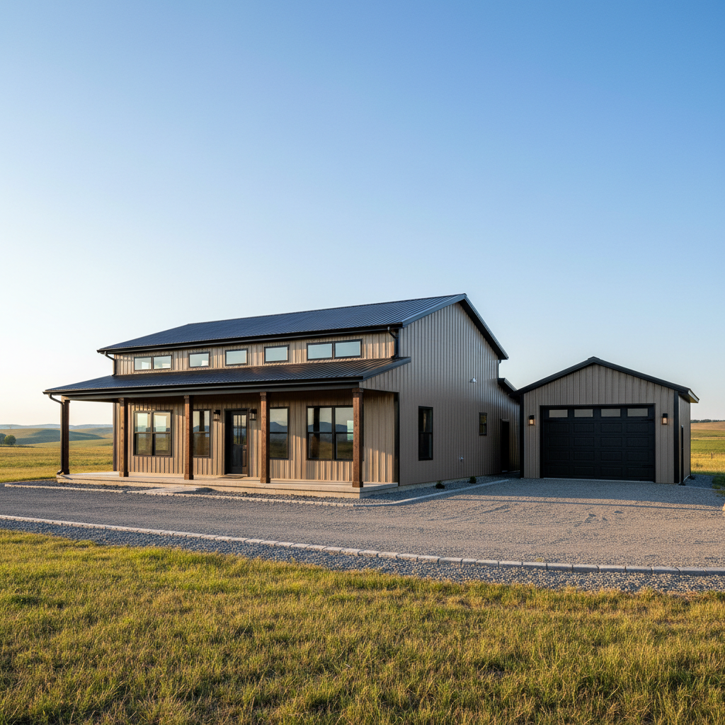 A modern post frame barndominium exterior combining residential comfort with agricultural practicality, featuring two-tone horizontal steel siding in warm gray and sandstone, black trim, and a covered porch supported by sturdy wrapped posts. Large energy-efficient windows reflect a clear blue sky, while a compact attached garage with a dark overhead door hints at multi-use space. The building sits on a manicured gravel driveway with well-defined edges, surrounded by open pasture and distant rolling hills. Photographic realism in soft late-afternoon light, with a rule-of-thirds composition, highlighting both the living quarters and shop area in a balanced, inviting, yet distinctly professional manner.