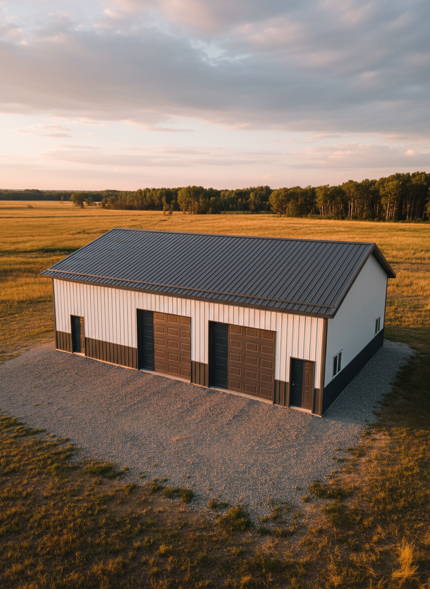 A newly completed post frame building standing on a neatly graded gravel pad, featuring crisp white metal siding, charcoal wainscoting, and a dark gray steel roof with clean, straight lines. Overhead garage doors with raised panels and matching steel entry doors define the structure’s use as a versatile shop and storage space. Surrounding it is open prairie with short grass and a distant tree line under a wide Montana sky. Photographic realism, captured at golden hour from a slightly elevated angle, with warm sunlight grazing the metal panels and casting long, precise shadows, emphasizing the building’s craftsmanship and structural integrity in a calm, professional atmosphere.