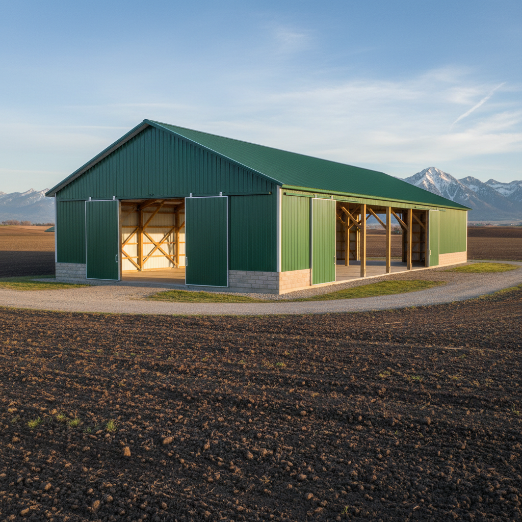 A large agricultural post frame structure designed as a machine shed, with tall sliding steel doors open to reveal an expansive, unobstructed interior framing system. The exterior features forest green metal siding with light stone trim and a matching steel roof, set against a backdrop of cultivated fields and distant mountains. Late afternoon sunlight creates subtle highlights along the steel ribs and casts soft shadows beneath the extended eaves. Photographic realism from a slightly low angle accentuates the building’s height and span, emphasizing utility, protection for equipment, and long-term durability in a rugged yet orderly rural environment.