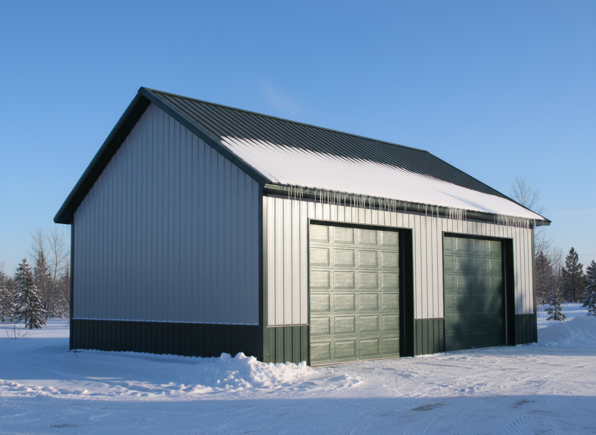 A snow-dusted post frame garage standing solidly in a cold-weather setting, with heavy-gauge steel roofing in dark charcoal, high sidewalls, and snow guards along the eaves. The light gray metal siding contrasts with the white snowbank built up along the base trim. Icicles hang neatly from the gutters, and a cleared gravel drive leads up to insulated overhead doors. Captured in crisp photographic realism during bright winter daylight, the scene shows clear blue sky and visible breath-like frost in the air. The mood is resilient and dependable, emphasizing the building’s performance, insulation potential, and structural strength in harsh northern climates.
