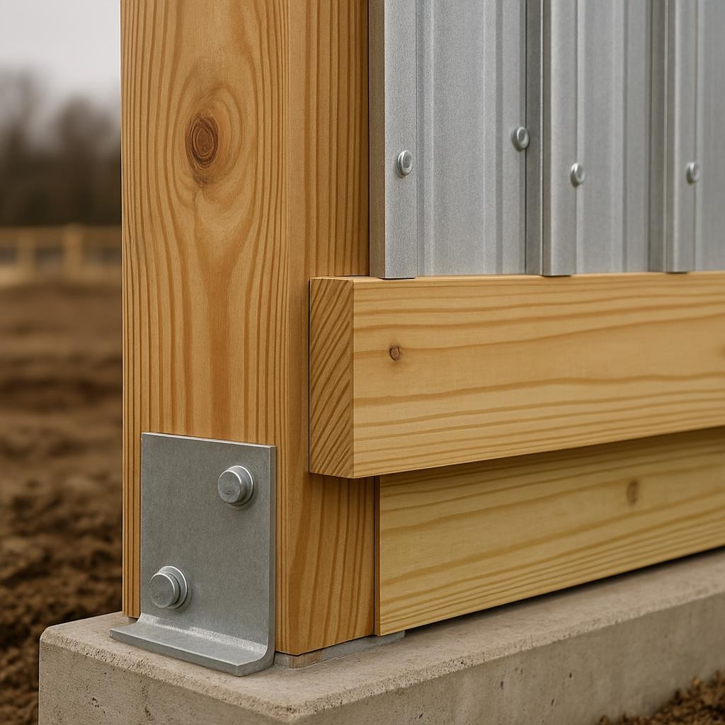 A detailed close-up of a post frame building’s structural corner, showcasing a laminated column anchored to a concrete pier, precision-set grade board, and meticulously fastened galvanized steel siding. The wood grain on the column is clearly visible, contrasting with the smooth, ribbed texture of the siding and the matte finish of the galvanized fasteners. Soft overcast daylight eliminates harsh shadows, making every connection and layer easily discernible. Photographic realism with a shallow depth of field keeps the structural elements in sharp focus while gently blurring the background construction site, conveying a technical, trustworthy, and quality-driven atmosphere ideal for explaining construction methods.